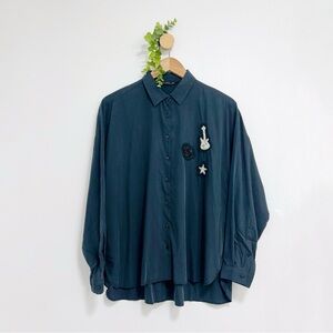 Zara Basic Women’s Guitar Lips Rocker Girl Embellished Button Down Shirt